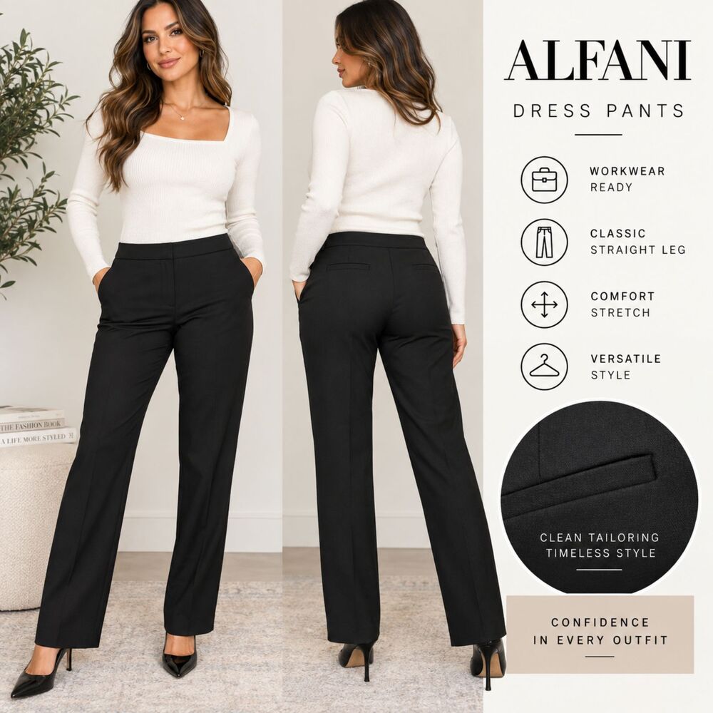 Alfani Womens Size 8 Black Straight Leg Dress Pants Stretch Work Trousers